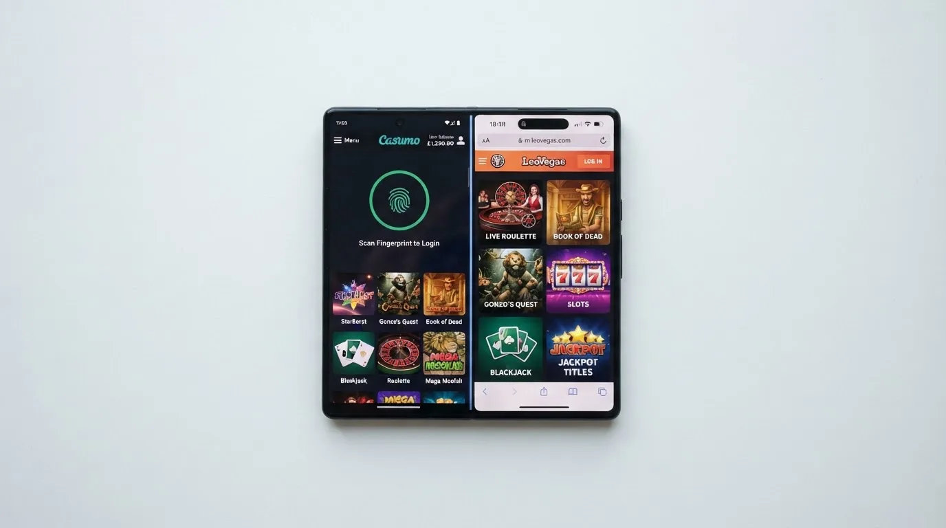 Rozdělená obrazovka chytrého telefonu — vlevo casino aplikace s biometrickým přihlášením, vpravo mobilní prohlížeč s responzivní verzí téhož casina