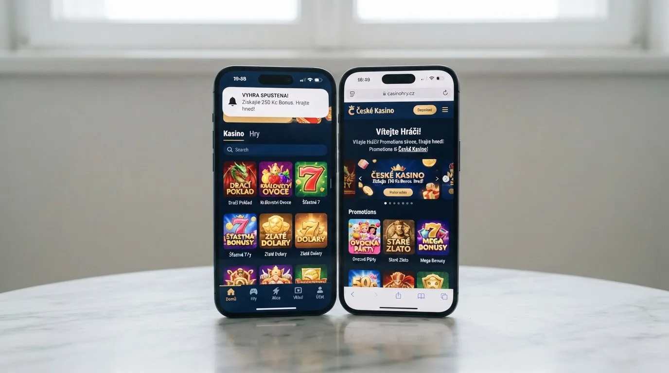 Dva mobilní telefony vedle sebe — na levém nativní casino aplikace s notifikací, na pravém stejné kasino v mobilním prohlížeči