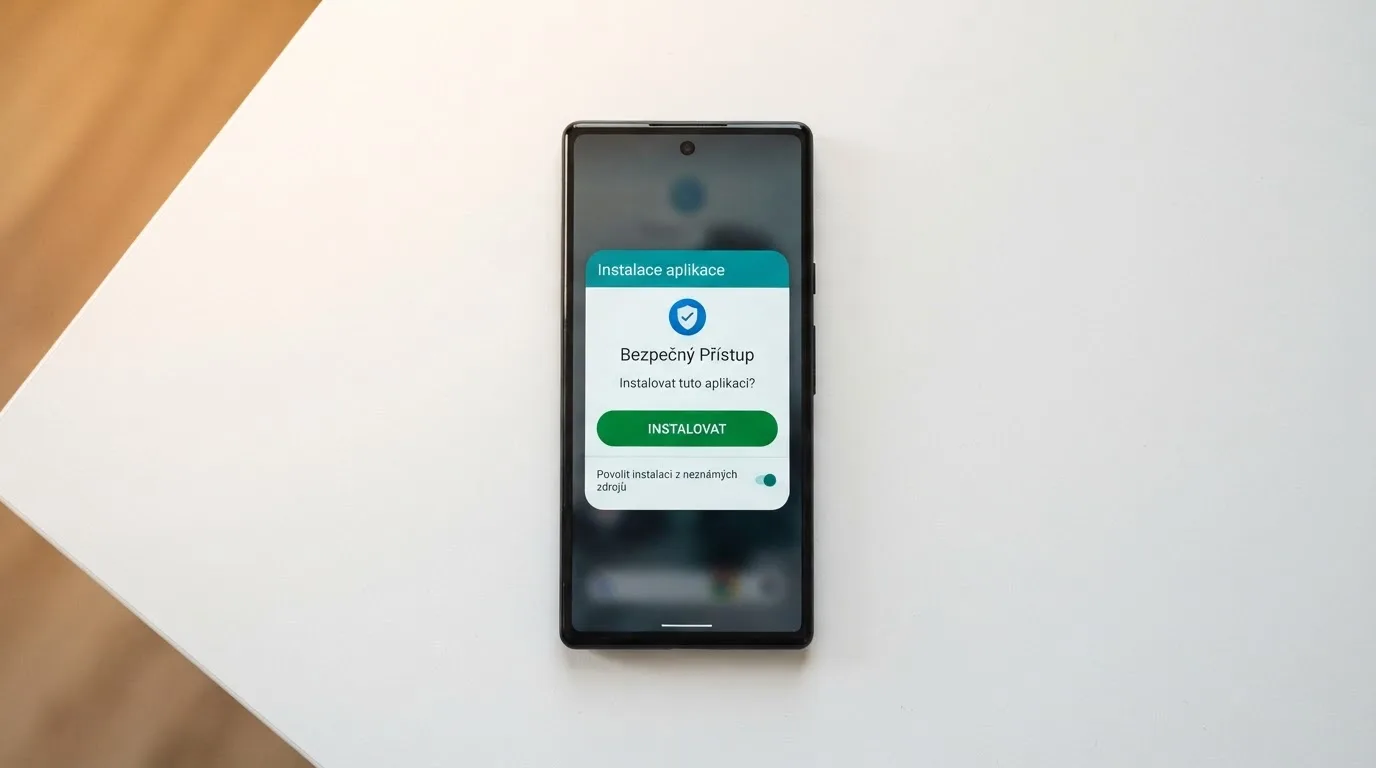 Telefon s Androidem zobrazující dialogové okno instalace APK souboru, tlačítko Instalovat a povolení neznámého zdroje, na pozadí logo českého licencovaného casina