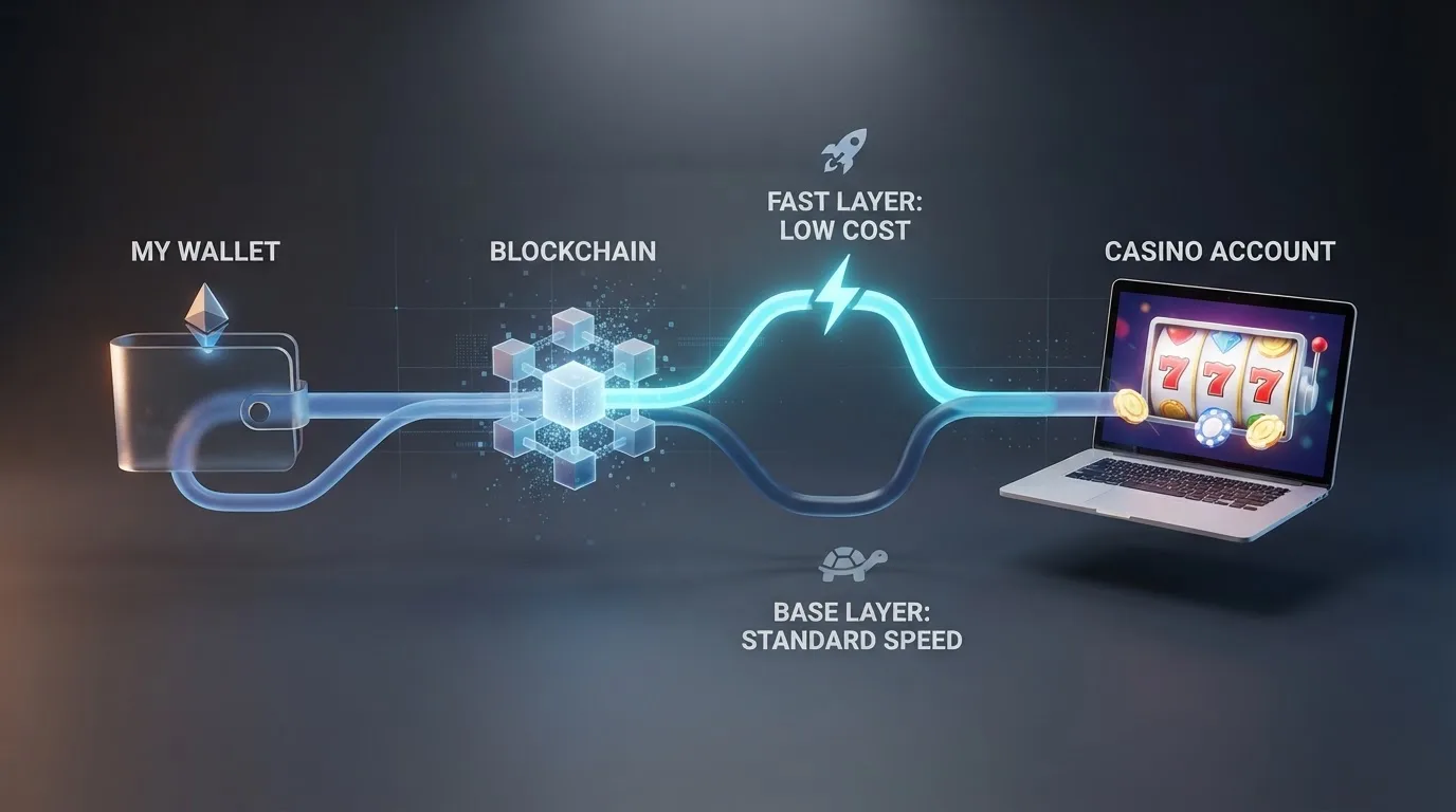Schéma průběhu ethereové transakce z peněženky hráče na herní účet kasina — mainnet, L2 síť, bloková potvrzení, připsání