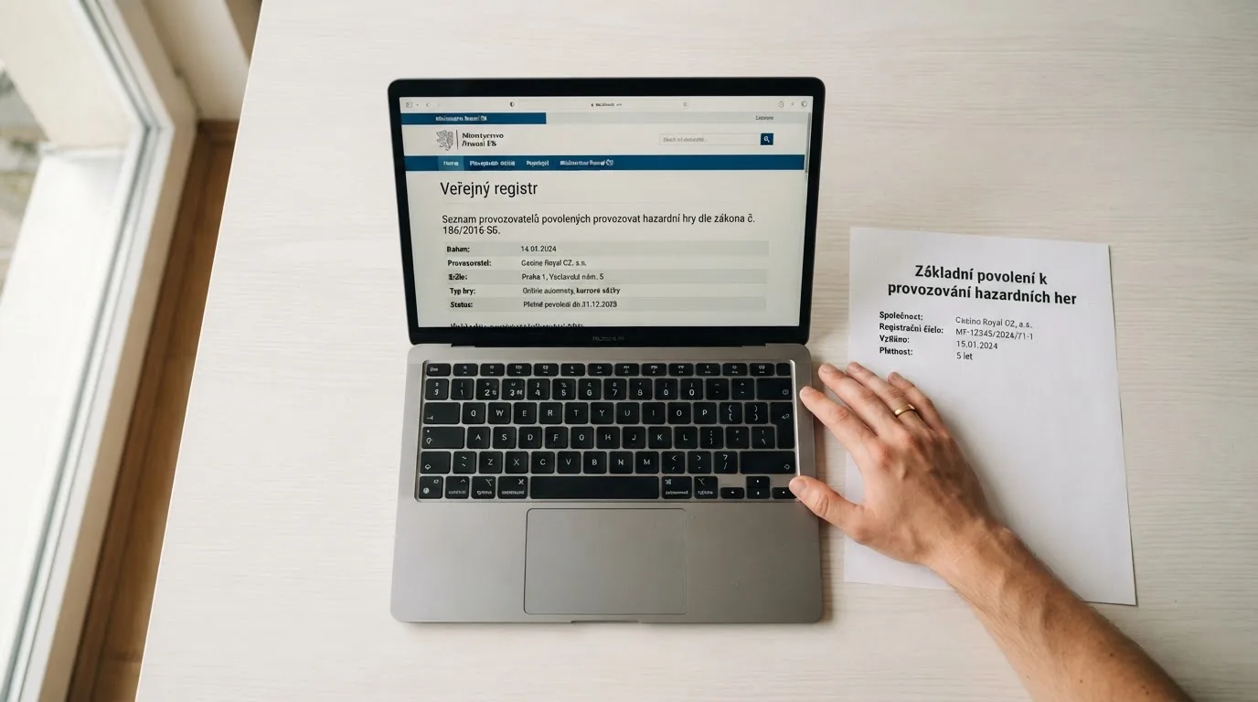Úřední dokument s razítkem Ministerstva financí ČR a nápisem Základní povolení k provozování hazardních her, vedle obrazovka s veřejným online registrem licencovaných provozovatelů