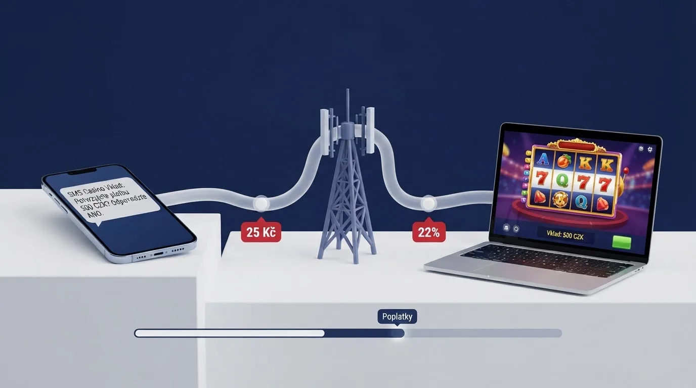 Infografika znázorňující cestu SMS vkladu: telefon → operátor → casino konto, s vyznačením poplatku na každém kroku