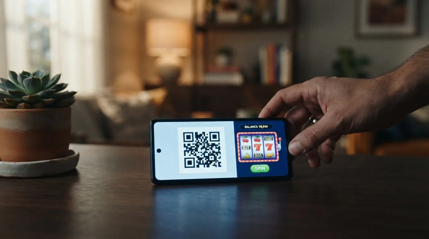 Mobilní telefon s QR kódem bitcoinové transakce a rozhraním online casina na pozadí