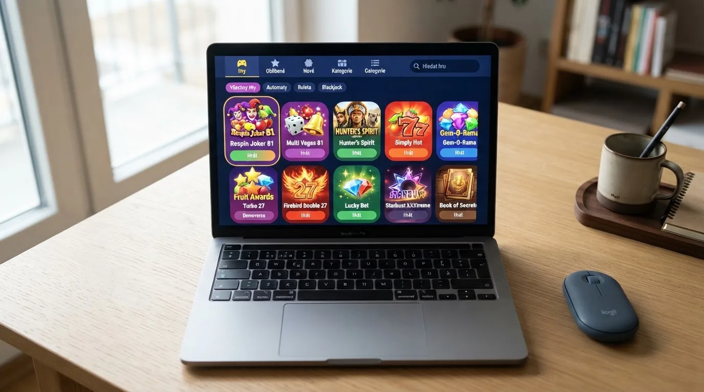 Obrazovka s lobby online casina — dlaždice automatů od různých poskytovatelů, viditelné názvy jako Respin Joker a Kancelářská 81, rozhraní v češtině