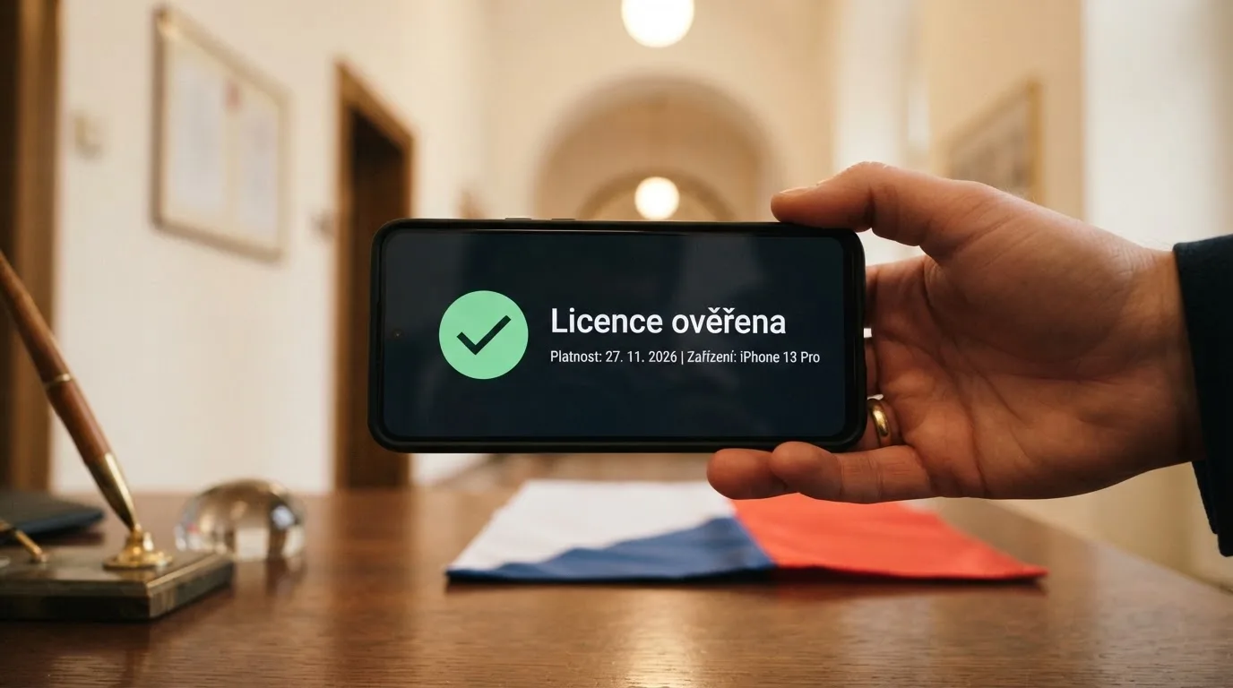 Úřední dokument s razítkem, pečeť Ministerstva financí ČR, logo českého regulátora na pozadí vlajky