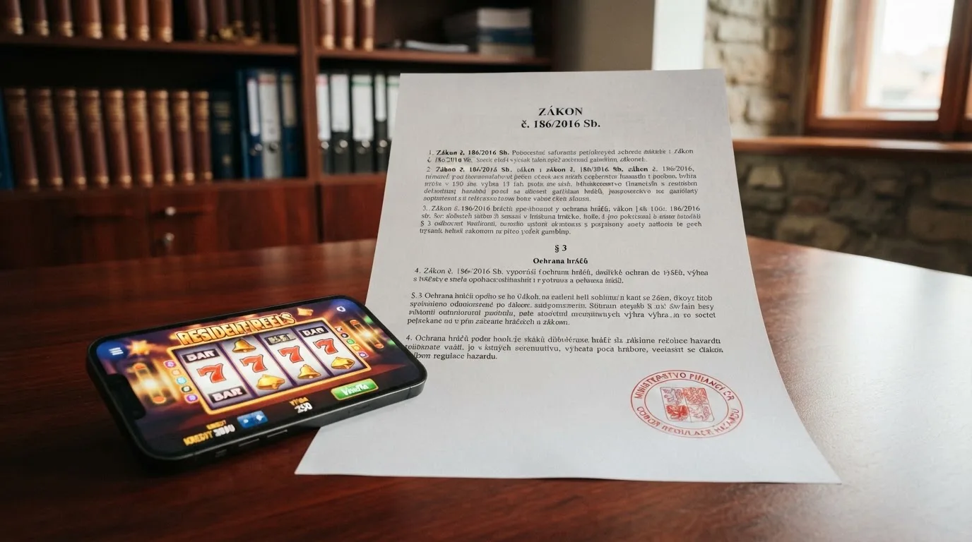 Úřední dokument s razítkem Ministerstva financí ČR vedle symbolu online casina