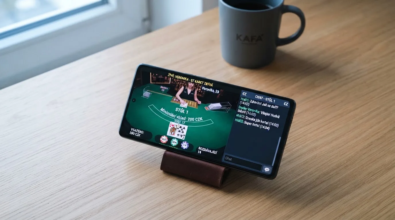 Live blackjack na displeji mobilního telefonu s viditelným chatem a krupiérem