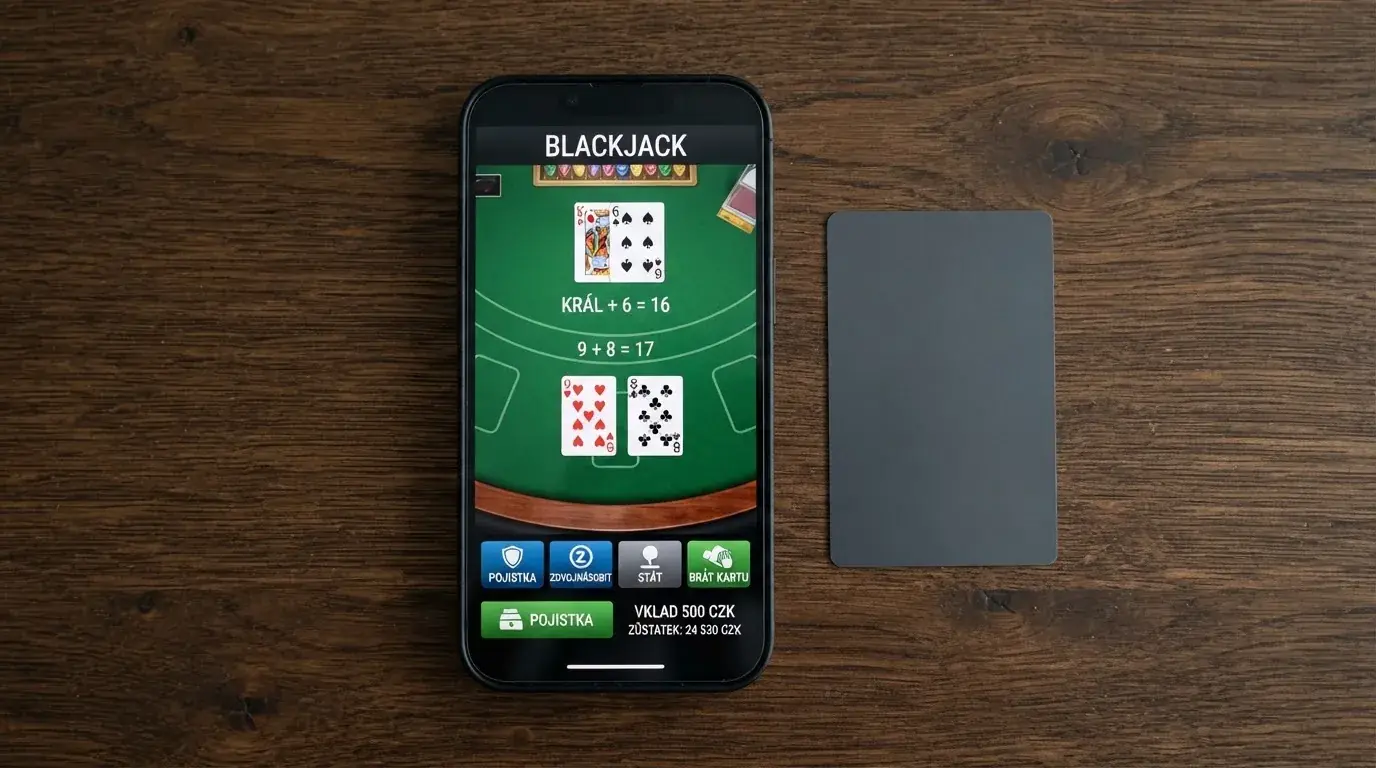 Mobilní telefon zobrazující rozhraní živého blackjackového stolu s viditelnými sázkovými tlačítky, vedle leží platební karta