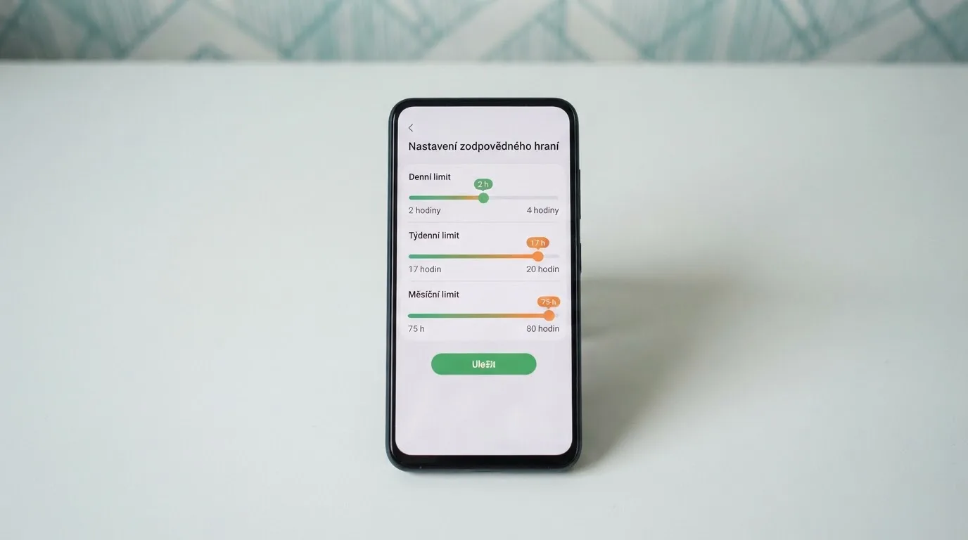 Displej mobilního telefonu s otevřenou obrazovkou nastavení herních limitů v českém kasinu — posuvníky pro denní, týdenní a měsíční limit
