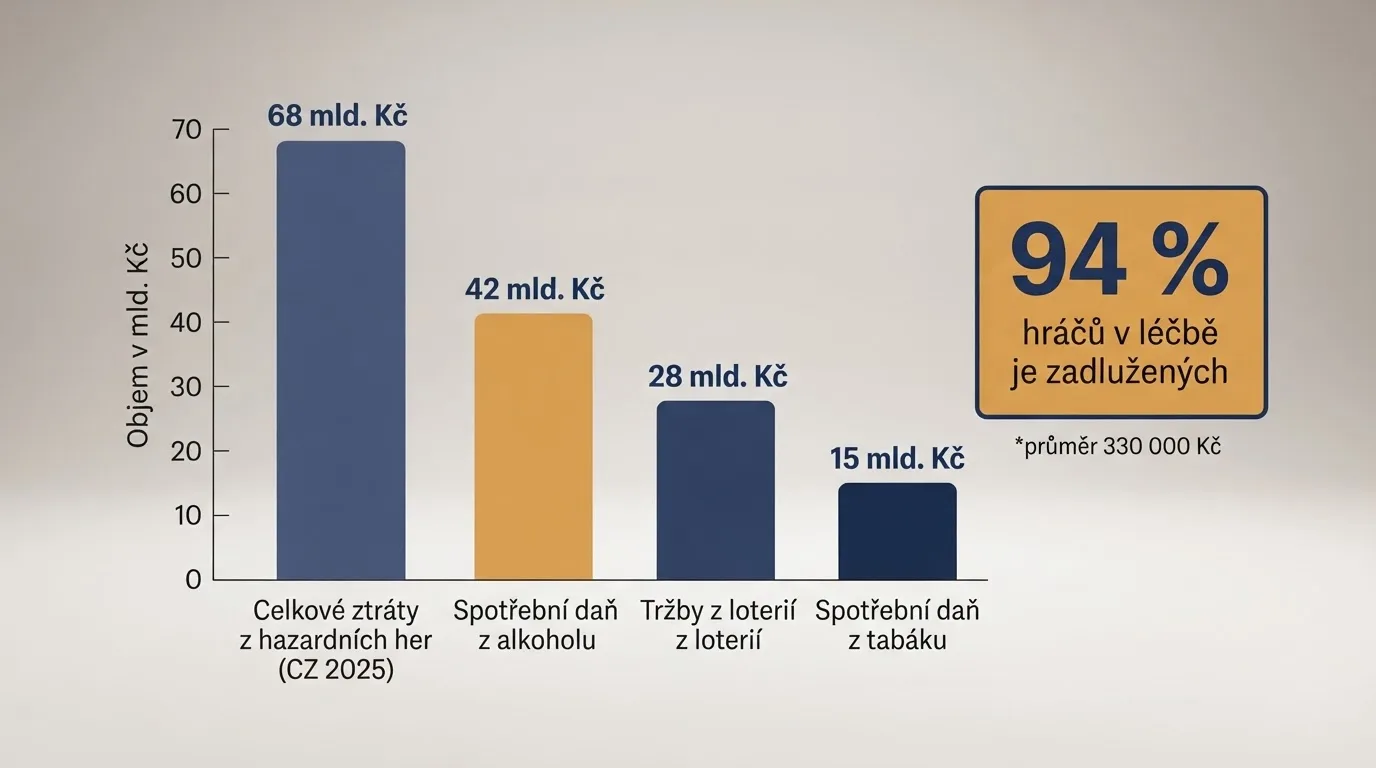 Infografika s klíčovými čísly o hazardním hraní v Česku – sloupcové grafy zobrazující 68 miliard prohraných korun a podíl zadlužených hráčů v léčbě