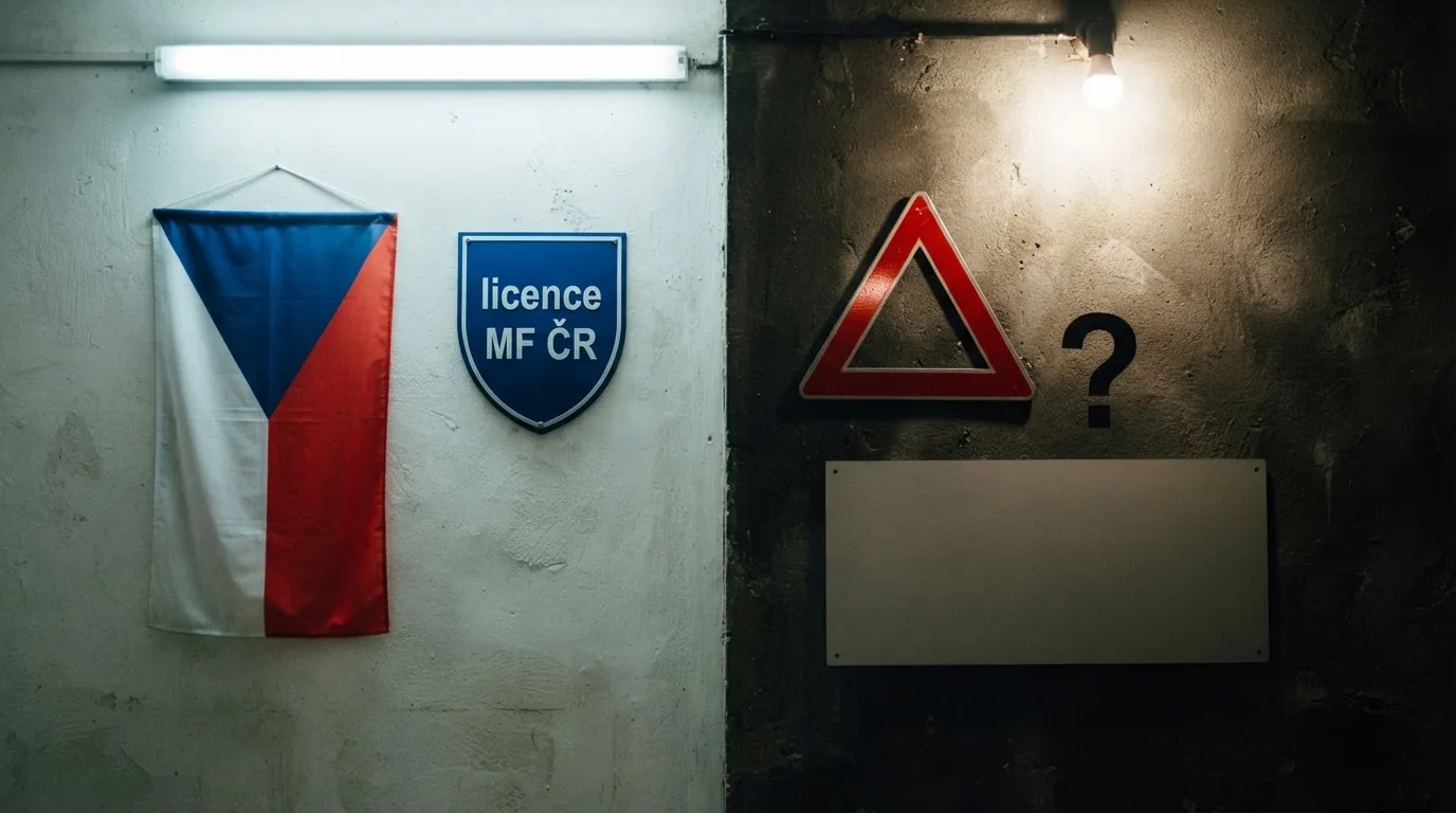 Dvě poloviny obrazu: vlevo česká vlajka a ikona štítu s nápisem „licence MF ČR“, vpravo otazník a varovný trojúhelník nad logem kasina bez označení regulátora