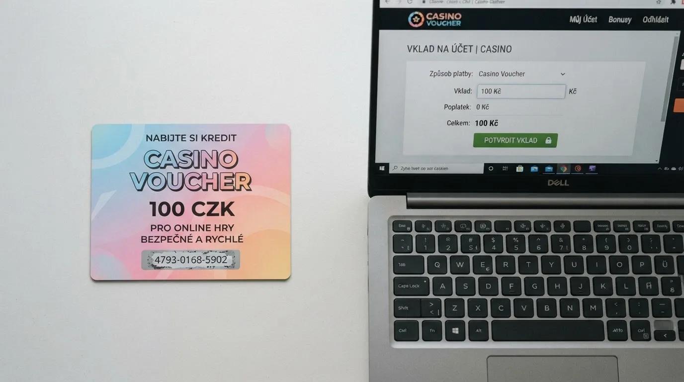 Detail Paysafecard poukazu s odkrytým PIN kódem vedle obrazovky s pokladnou online casina