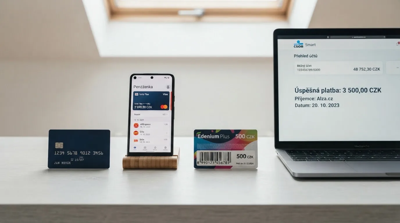 Platební karta, telefon s Apple Pay, poukázka Paysafecard a bankovní aplikace na jednom stole — čtyři cesty, jak vložit peníze do online casina
