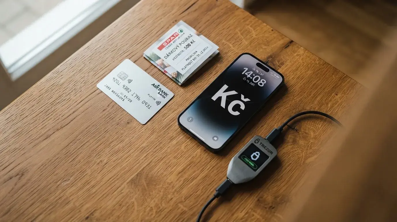 Přehled platebních metod — karta, Paysafecard voucher, kryptoměnová peněženka a mobil s bankovní aplikací — na jednom stole.