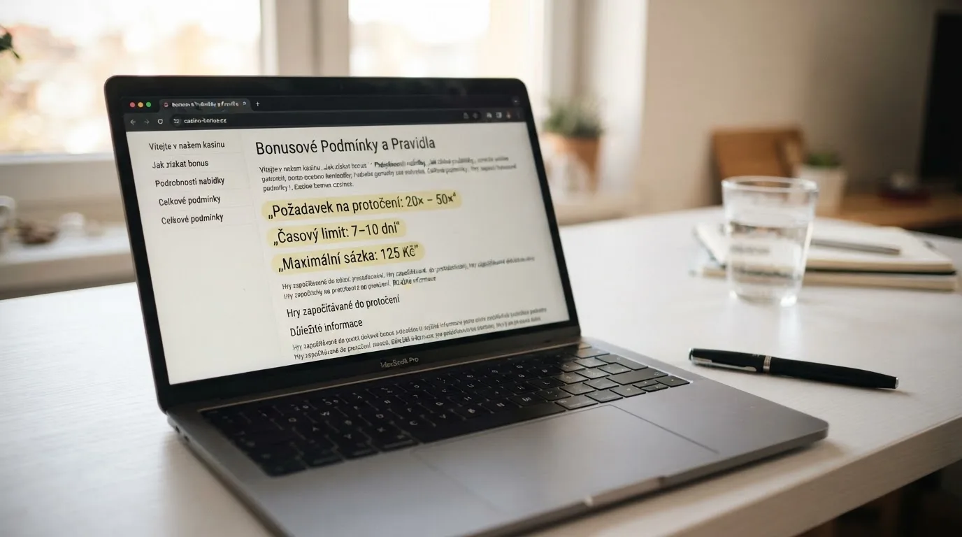 Detailní záběr na sekci podmínek online casina – zvýrazněné položky wagering, časový limit a maximální sázka