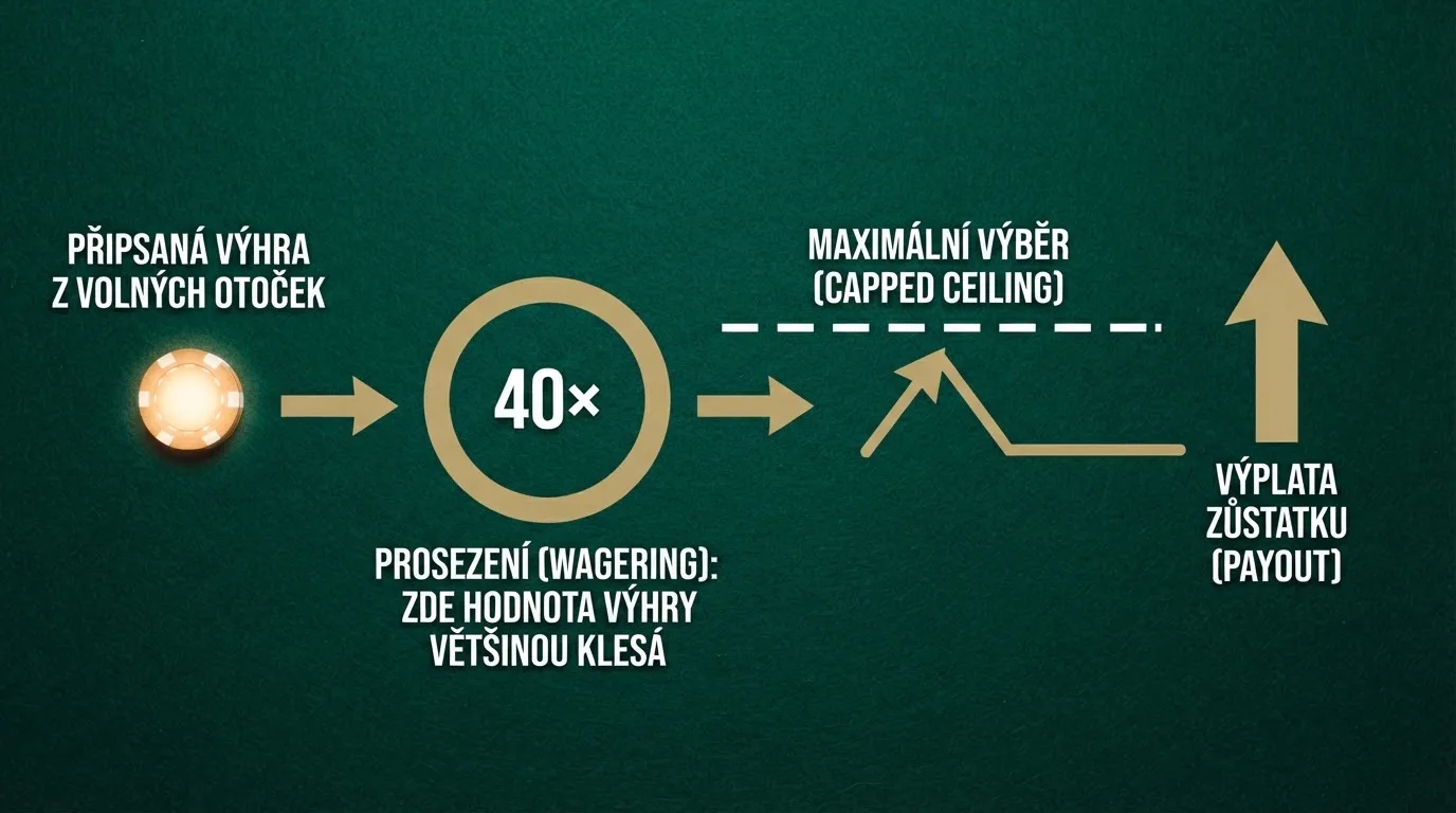 Schéma průběhu protočení výhry z free spinů — od připsání výhry přes wagering až po výběr, s vyznačením limitu maximální výhry