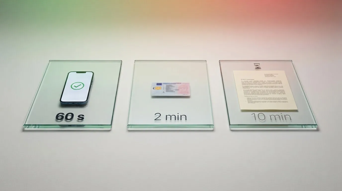 Tři vizuální bloky vedle sebe: displej s logem banky a časem 60 s, občanský průkaz s čipem a časem 2 min, naskenovaný doklad s přesýpacími hodinami a časem 10 min