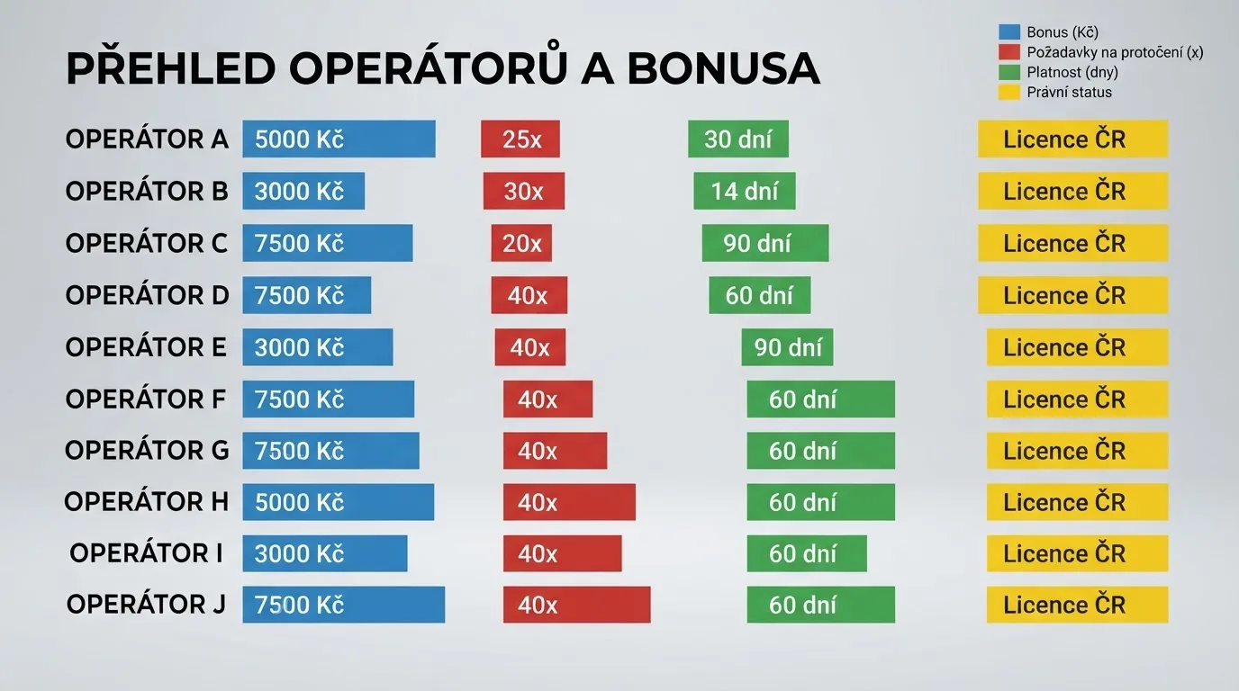 Srovnávací tabulka deseti operátorů s jejich bonusy — sloupce ukazují výši bonusu, protočení, platnost a právní status