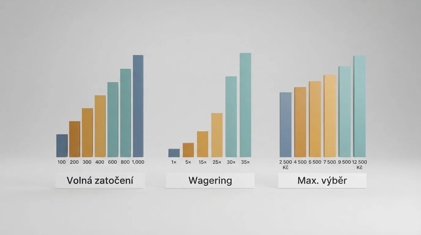 Srovnávací přehled registračních bonusů — vizualizace klíčových parametrů jako počet free spinů, wagering a maximální výběr napříč deseti operátory