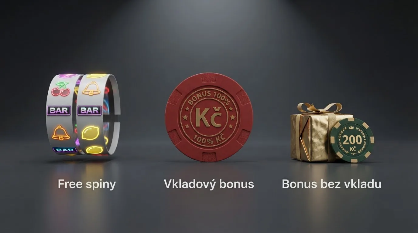 Tři typy kasinových bonusů vedle sebe — free spiny, vkladový bonus a bonus bez vkladu — s ikonami znázorňujícími jejich podmínky