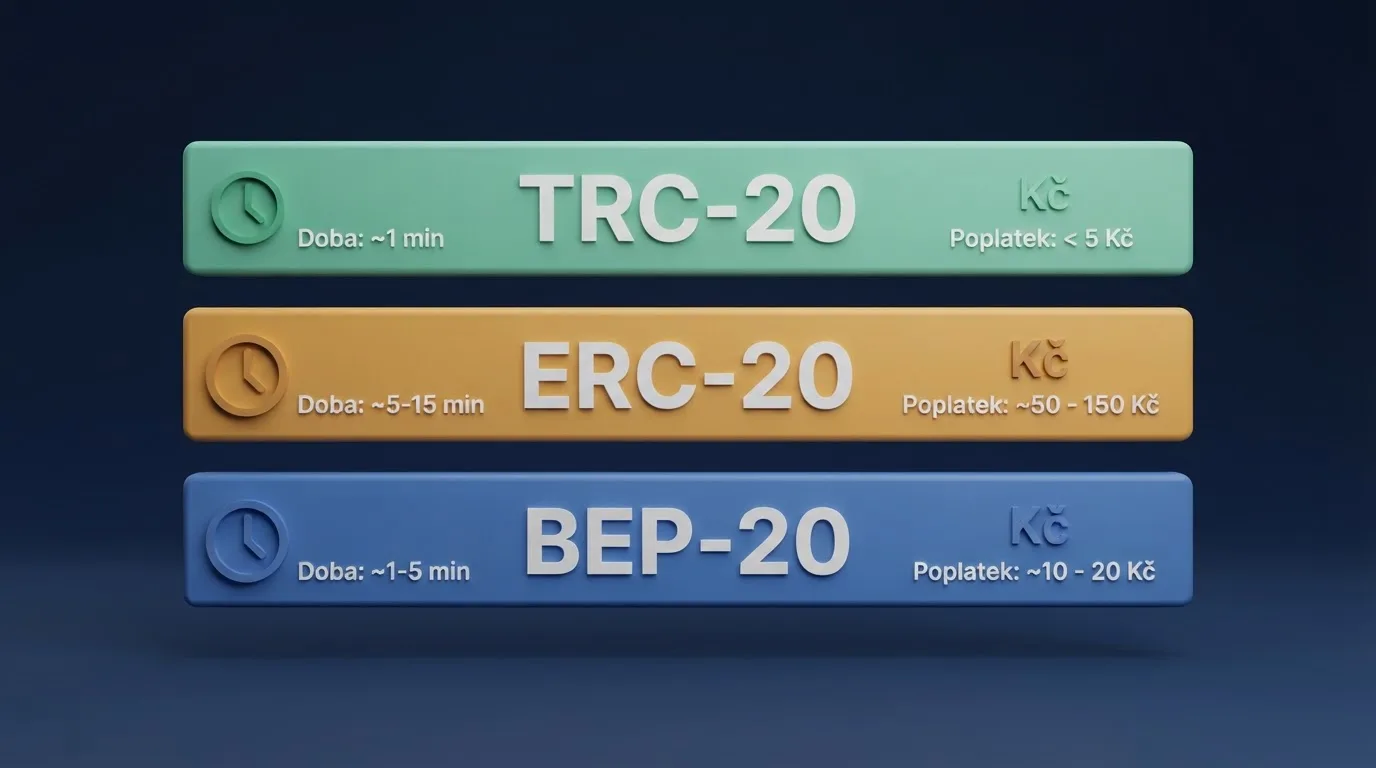 Schéma tří blockchain sítí — TRC-20, ERC-20 a BEP-20 — s vyznačením poplatku a doby potvrzení u každé z nich