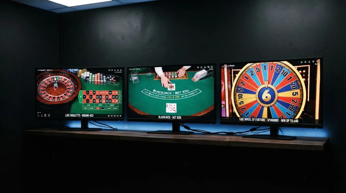 Přehled několika obrazovek živých her od Evolution — ruleta, blackjack a Crazy Time kolo vedle sebe na monitoru